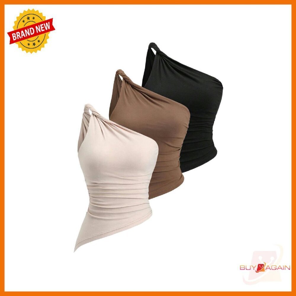 One Shoulder Twisted Tank Top 3 Pack Asymmetrical Ruched Slim Fit